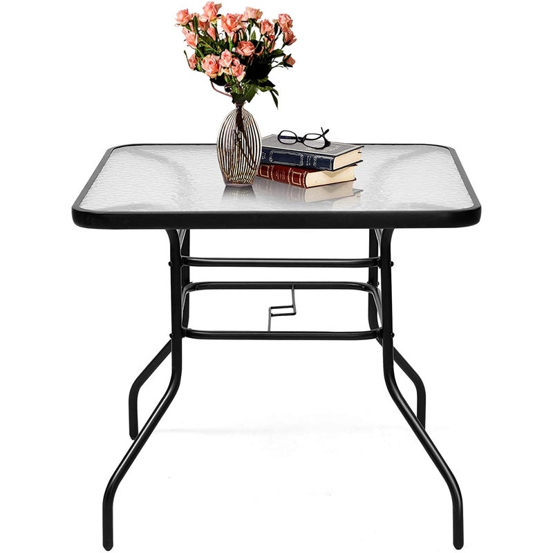 Kwadratowy stół ogrodowy, stół balkonowy z wysokim parasolem i szklanym blatem, stół balkonowy, stół tarasowy do 80 kg, do ogrodu, na taras,