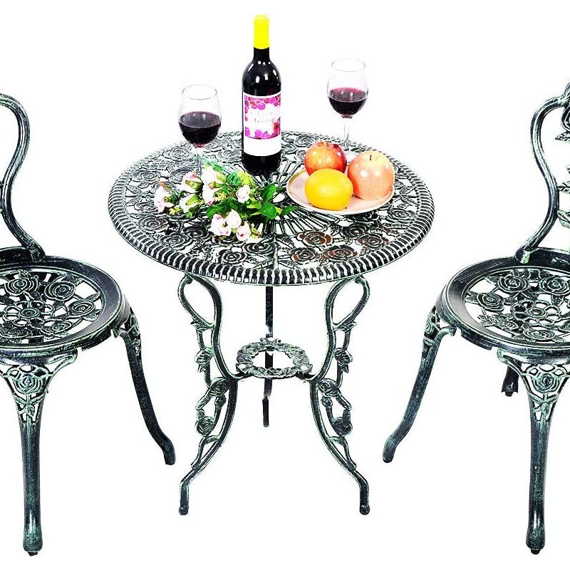 3-częściowy zestaw mebli ogrodowych w stylu antycznym, zestaw mebli ogrodowych, stół bistro, stół ogrodowy z 2 krzesłami, odlew aluminiowy (różowy)