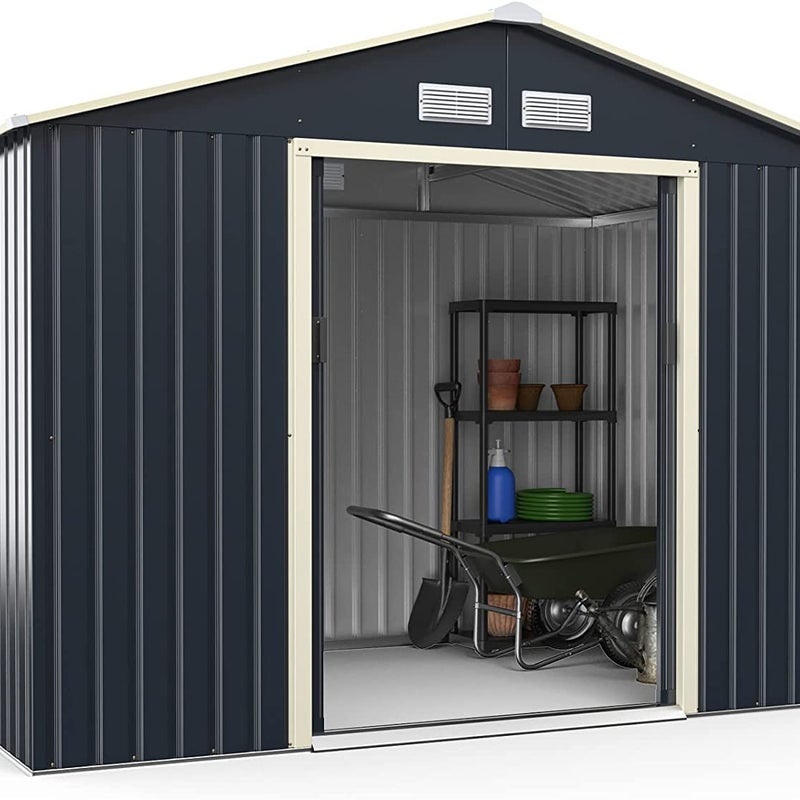 metalowa szopa na narzędzia, 277 x 191 x 202 cm, zamykana, domek ogrodowy z 4 otworami wentylacyjnymi i drzwiami przesuwnymi, rowery, narzędzia