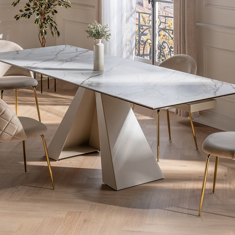 Rozkładany stół jadalniany 6-10-osobowy z ceramiki i metalu – imitacja marmuru biały i beżowy – LOZIPA marki Pascal Morabito