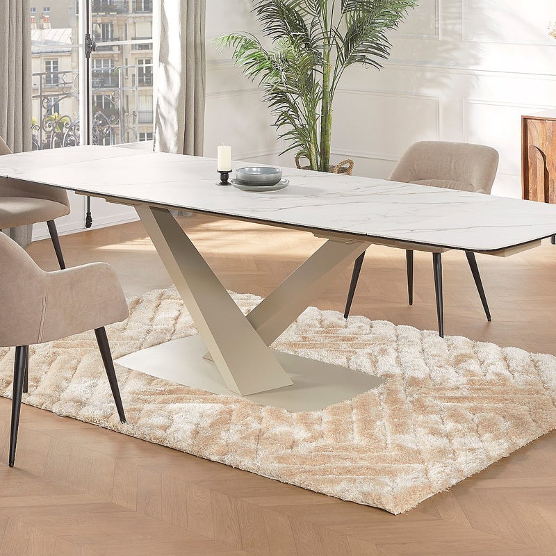 Rozkładany stół jadalniany 6-10-osobowy z ceramiki i metalu – imitacja marmuru biały i beżowy – MALATA marki Pascal Morabito