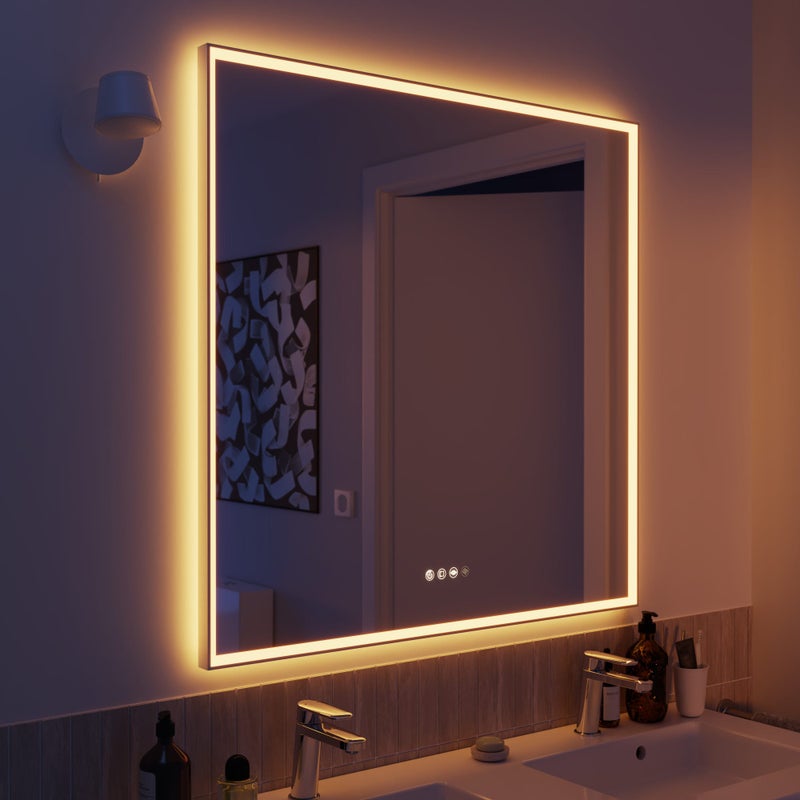 Lustro podświetlane kwadratowe szer. 90 x wys. 90 cm rama Neo, rama chromowana