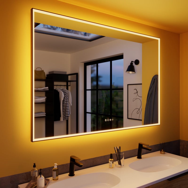 Lustro prostokątne podświetlane w ramie Neo, czarne, dł. 135 x wys. 90 cm, rama czarna