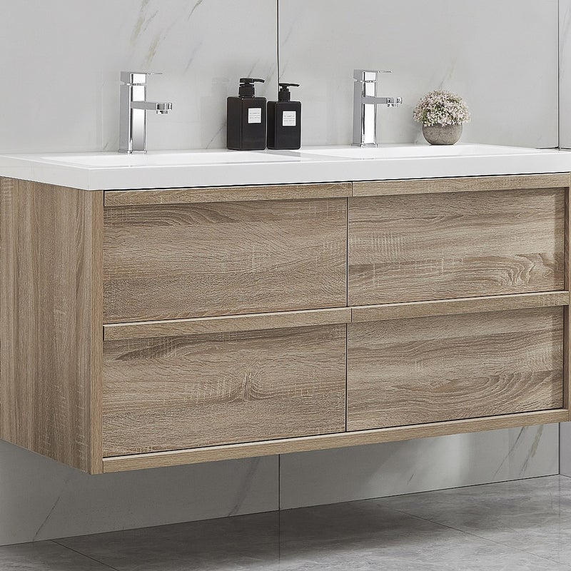 Szafka łazienkowa wisząca z umywalką do zabudowy - Kolor jasnego naturalnego drewna - 120 cm - QUADRA