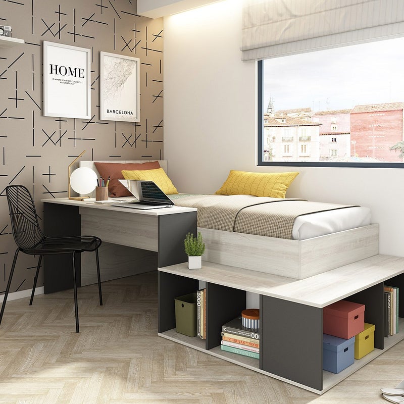 Łóżko wielofunkcyjne 90 × 200 cm z ze skrzynią i biurkiem – naturalne i antracytowe – RIGALI