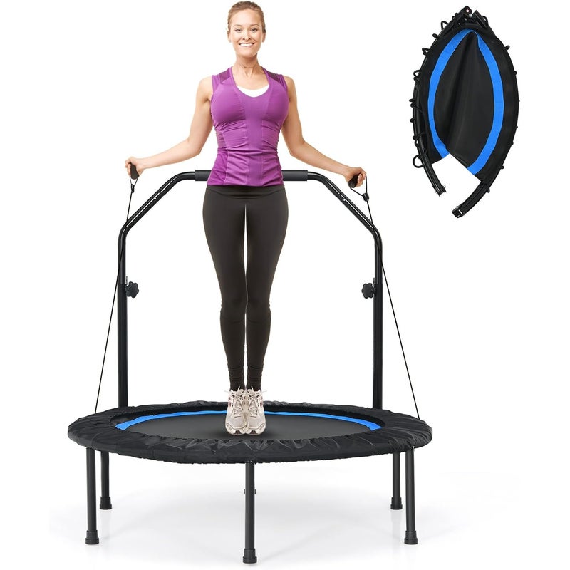 φ101 cm mini trampolina z 2 taśmami oporowymi i 4 uchwytami z regulacją wysokości, składana trampolina fitness, trampolina dla dzieci,
