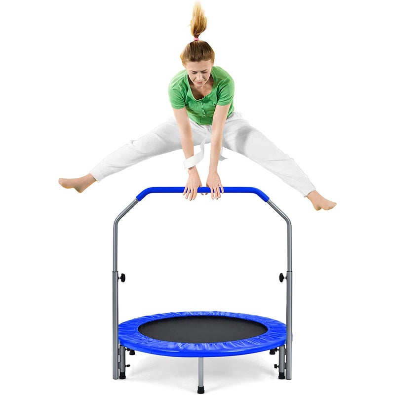 Mini trampolina o średnicy 101 cm, składana, dla dzieci z uchwytem o regulowanej wysokości, obciążenie do 150 kg, dla dorosłych i dzieci (niebieska)