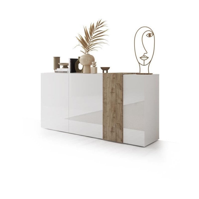 Komoda niska 3-drzwiowa - Biały i jasnodrewniany - CAYNO