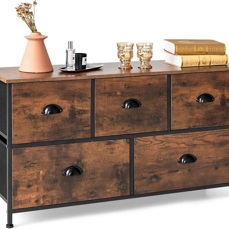 Komoda z 5 szufladami, 2-poziomowa rustykalna szafka do przechowywania ze składanymi szufladami z materiału i żelazną ramą i drewnianymi blatami