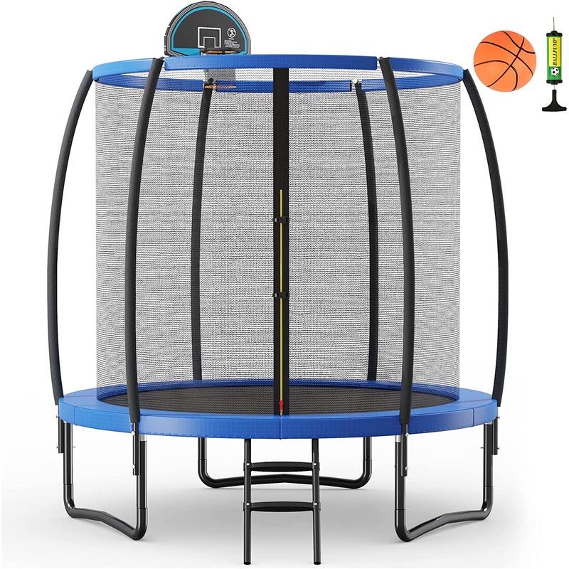 Trampolina ogrodowa Ø 244/305/366 cm, z drabinką, certyfikat GS, kompletny zestaw z piłką do koszykówki, matą do skakania, (średnica 244 cm)