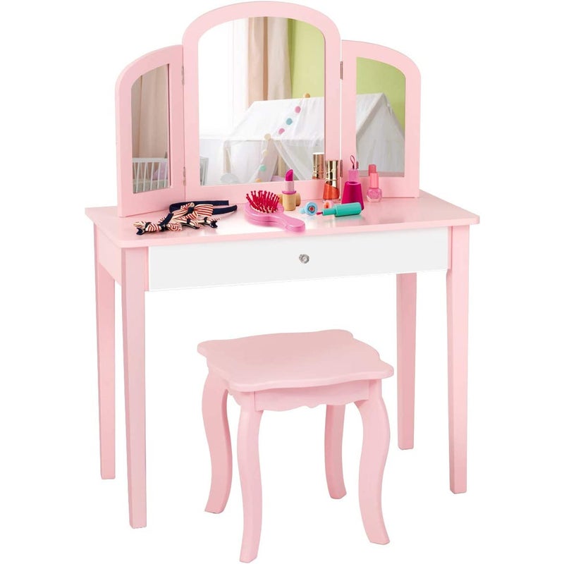 Dziecięca toaletka 2 w 1, toaletka z potrójnie składanym lustrem i szufladą, stolik kosmetyczny z taboretem do makijażu, (różowy)