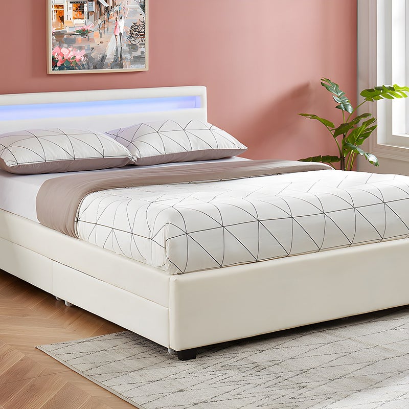 Łóżko 140 × 190 cm z ze skrzynią – ekoskóra białe z oświetleniem LED + Materac – ALOIS II