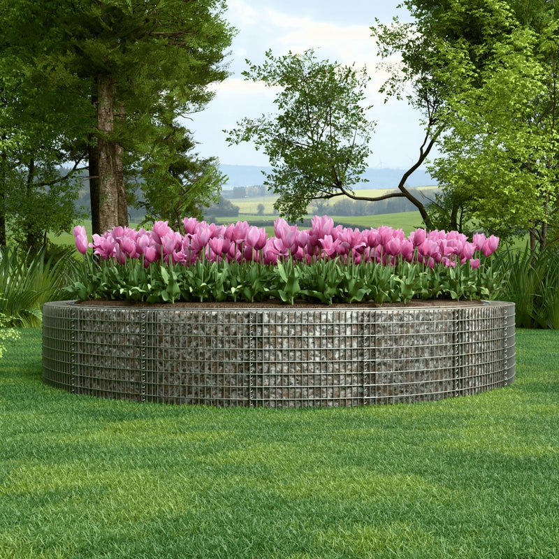 Okrągła podwyższona donica gabionowa, średnica zewnętrzna 502 cm, wysokość 50 cm, rozmiar oczek 5 x 10 cm, grubość ścianki 15 cm