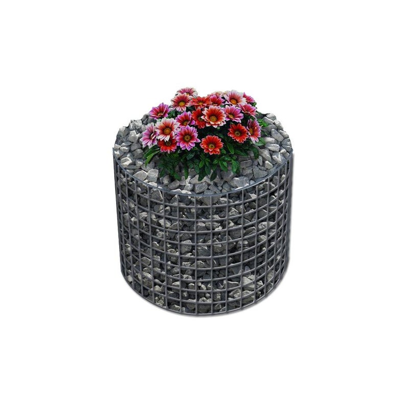 Okrągła podwyższona donica gabionowa, średnica zewnętrzna 62 cm, wysokość 50 cm, rozmiar oczek 5 x 5 cm, grubość ścianki 10 cm