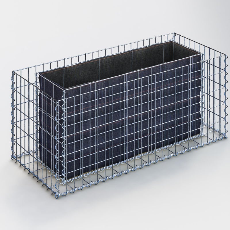 Prostokątna podwyższona donica gabionowa 120 cm x 50 cm x 50 cm (dł. x wys. x gł.), rozmiar oczek 5 x 10 cm, grubość ścianki 10 cm