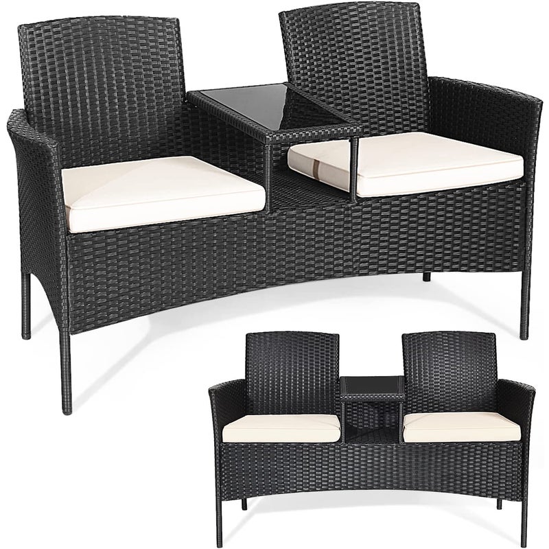 Ławka ogrodowa z polirattanu, 2-osobowy, zestaw mebli ogrodowych ze stołem i poduszkami, 138 x 61 x 85 cm ,meble balkonowe do ogrodu, (biała)