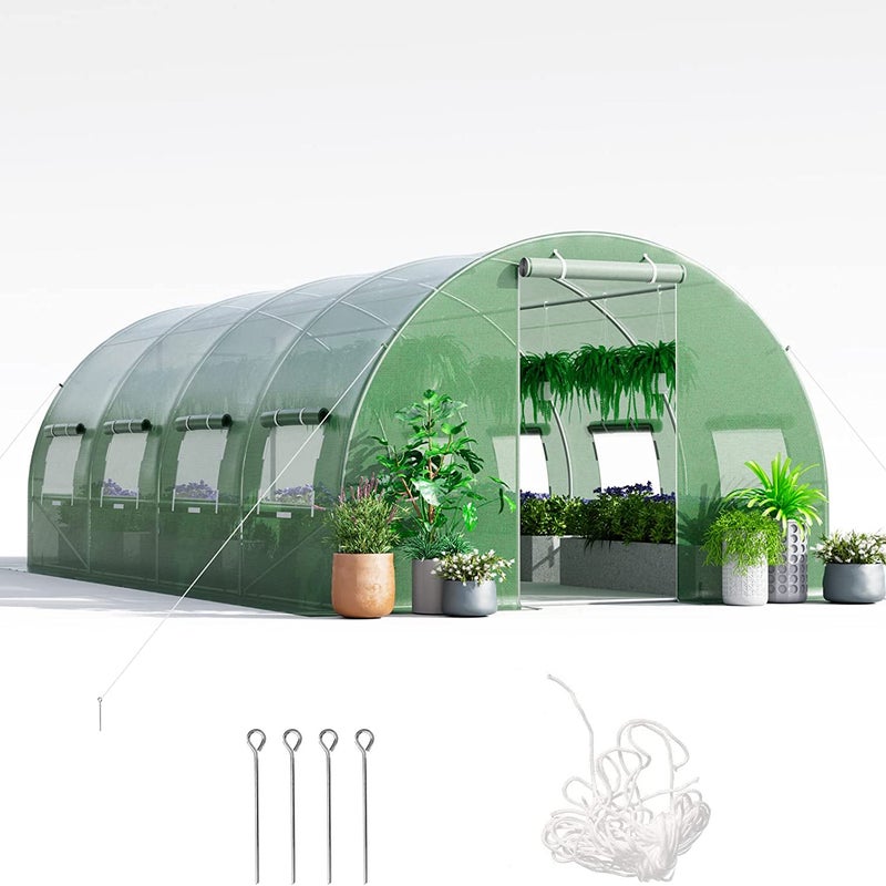 Szklarnia, 6 x 3 x 2 m, 18 m², szklarnia foliowa z metalowym stelażem, 10 zwijanych okien z siatki i 2 drzwiami z zamkiem błyskawicznym, do ogrodu