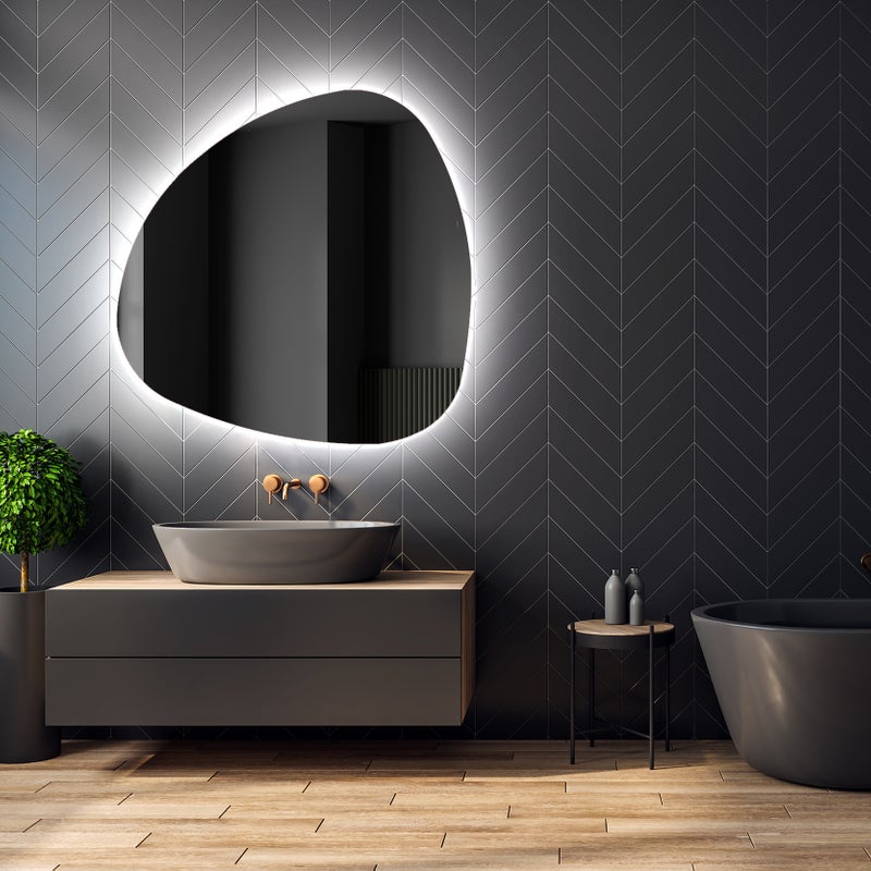 Podświetlane lustro łazienkowe - Asymetryczne lustro 84x84cm - Lustro łazienkowe LED z oświetleniem - Chłodna biel 7000K (JAJ221)