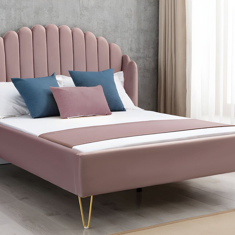 Łóżko 140 × 190 cm z falistym zagłówkiem – Welur –Pudrowy róż + Materac – SAGALI