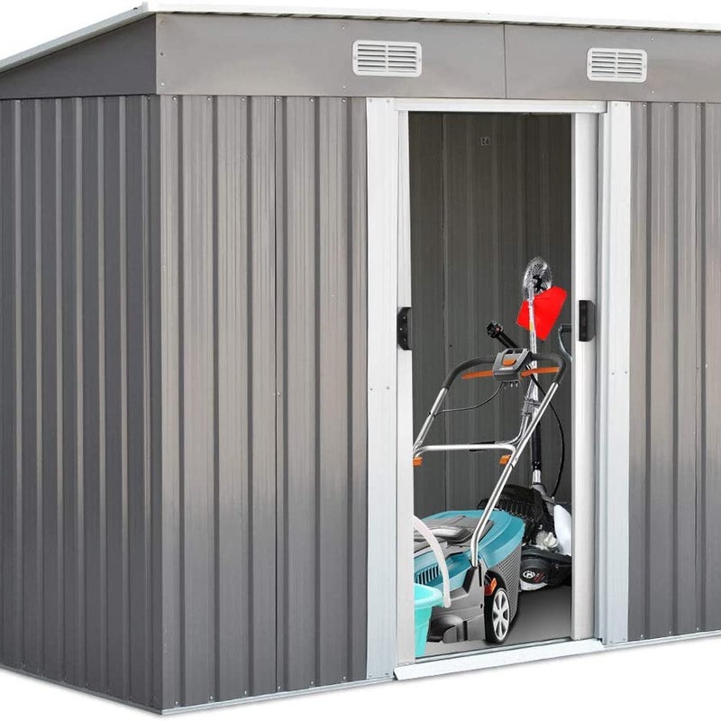 Metalowy Domek Ogrodowy, 238 x 131 x 181 cm, z 2 Drzwiami Przesuwnymi, Szopa na Narzędzia do Użytku Zewnętrznego z Dachem Jednospadowym