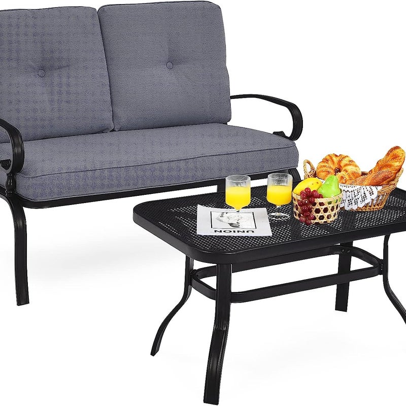 2-osobowa ławka ogrodowa ze stolikiem kawowym, ławka do siedzenia z poduszkami, zestaw mebli balkonowych, zestaw balkonowy, na balkon, podwórze