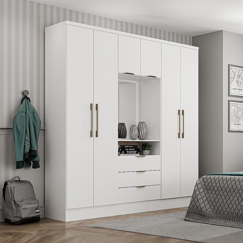 Szafa 6 drzwi i 3 szuflady - Z lustrem - szer. 180 cm - Kolor: Biały - ELORIO