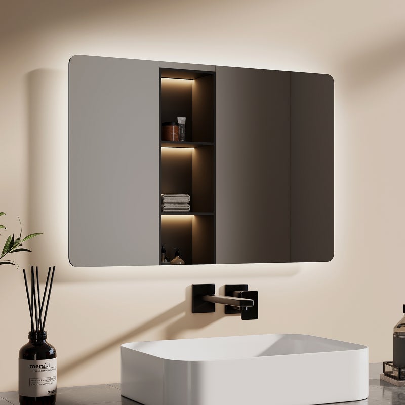 EMKE Lustro łazienkowe z oświetleniem LED 60x40 cm, z 3000/6500K, przeciwmgielne, funkcja pamięci, włącznikiem przyciskowym, bezramowe, IP44