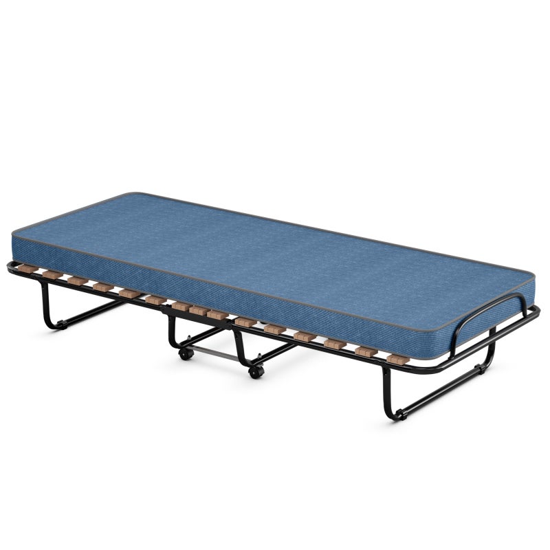 Łóżko dla gości 80 x 190 cm z materacem z pianki memory, składane łóżko pojedyncze, do biura, pokoju gościnnego, łóżko przenośne (niebieskie)