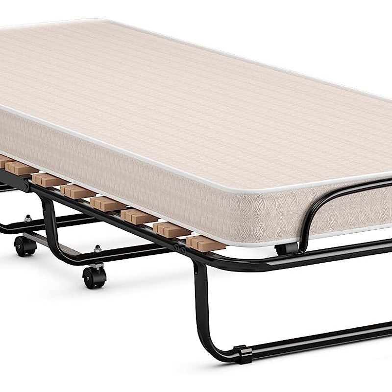 Łóżko dla gości 80 x 190 cm z materacem z pianki memory, składane łóżko pojedyncze, stabilne metalowe łóżko do 130 kg, na kółkach, do biura(beżowe)
