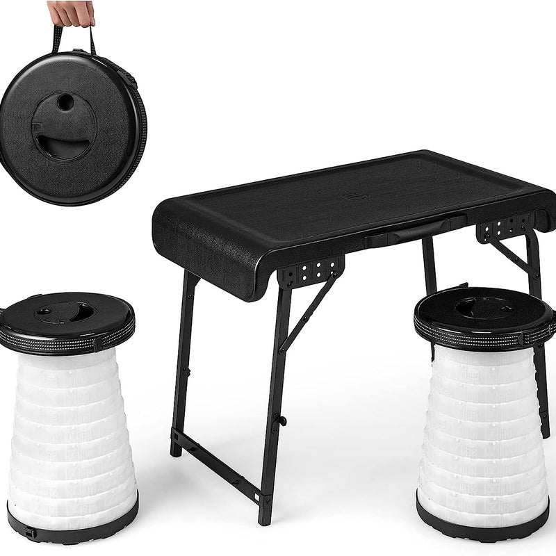 Przenośny składany stół z 2 teleskopowymi taboretami LED, stołek kempingowy, składany taboret obciążający do 200 kg, na kemping, podróże