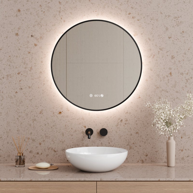 Lustro łazienkowe z oświetleniem LED okrągłe 60 cm, antyparowe, 4300K, regulacja jasności, zegar, temperatura, pamięć, IP65, czarna rama