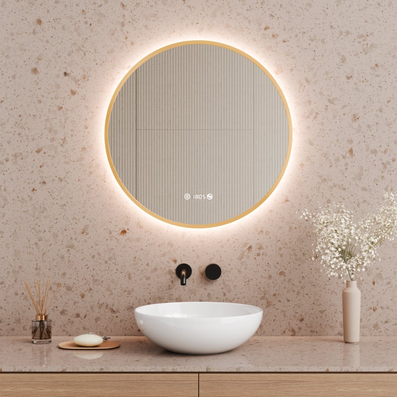 Lustro łazienkowe z oświetleniem LED okrągłe 60 cm, antyparowe, 4300K, regulacja jasności, zegar, temperatura, pamięć, IP65, złota rama