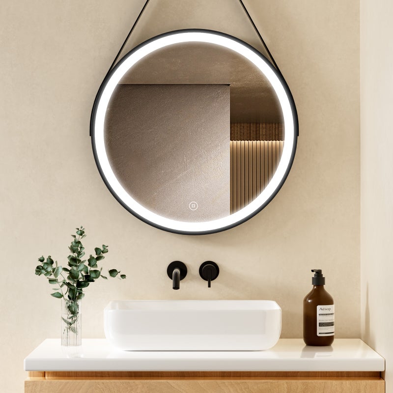 Lustro łazienkowe LED okrągłe 50 cm 6500 K zimne białe światło, dotykowe, regulowane, funkcja pamięci, szkło hartowane HD, czarna rama, IP44