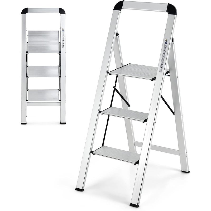 Drabina schodkowa, 3-stopniowa drabina stojąca, aluminiowa, składana drabina do 150 kg, do domu, biura, garażu, srebrna (3 stopnie), TJ10011SL12SLDE