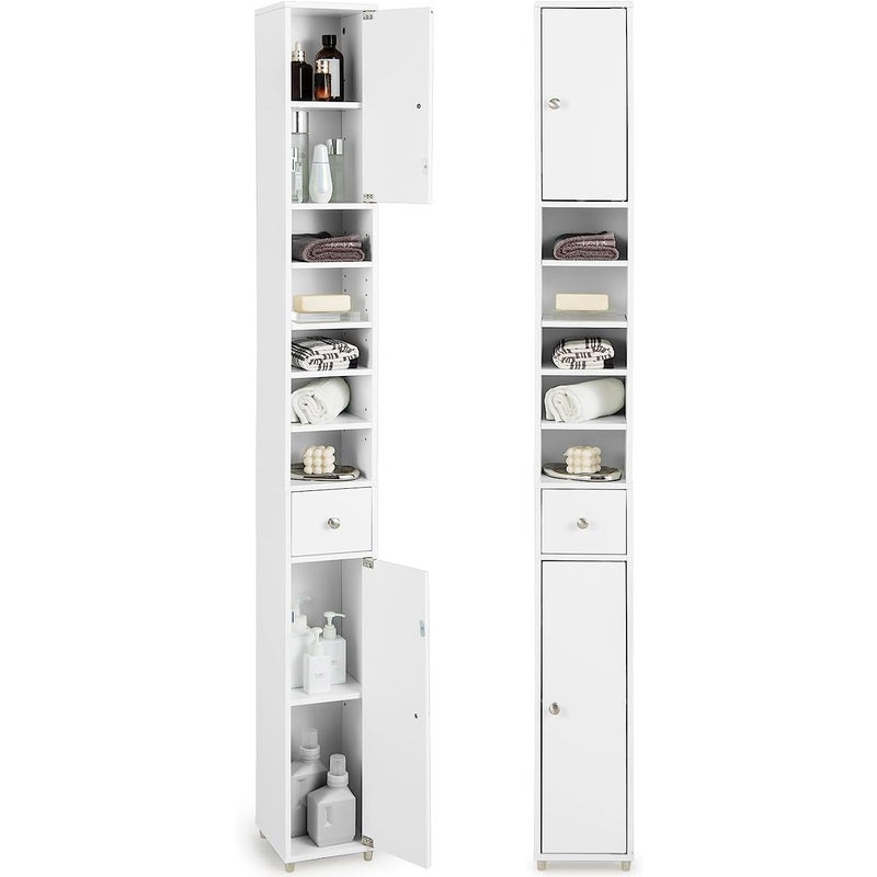 Szafka łazienkowa, wysoka, wąska szafka z 2 drzwiczkami, 1 szufladą i regulowanymi półkami, do łazienki, salonu, kuchni, 20 x 20 x 180 cm (biały)