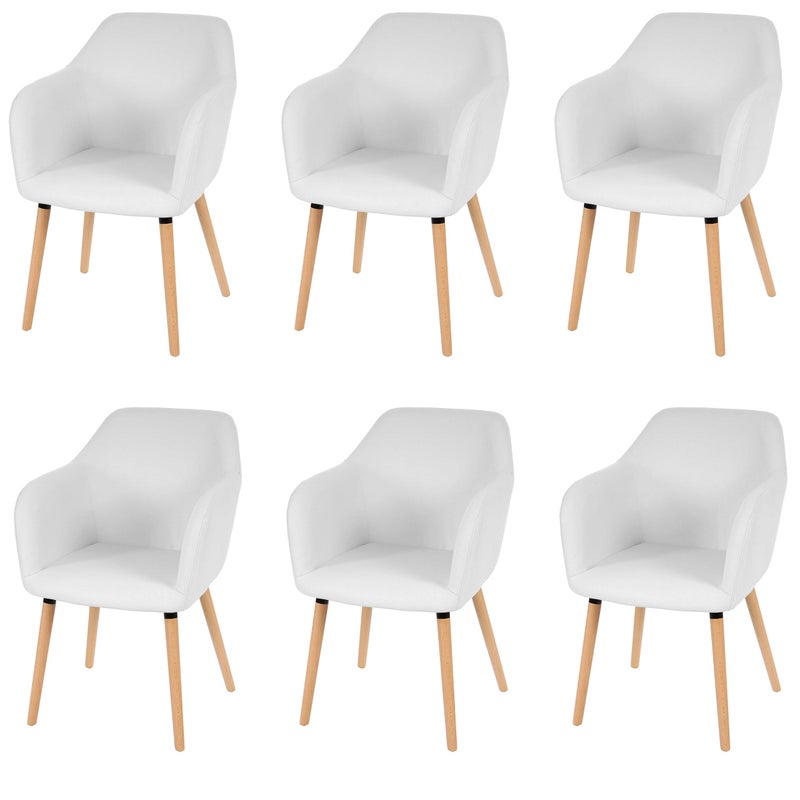 Zestaw 6 krzeseł do jadalni Malmö T381, krzesło kuchenne, design retro 50s ~ imitacja skóry, białe, jasne nogi