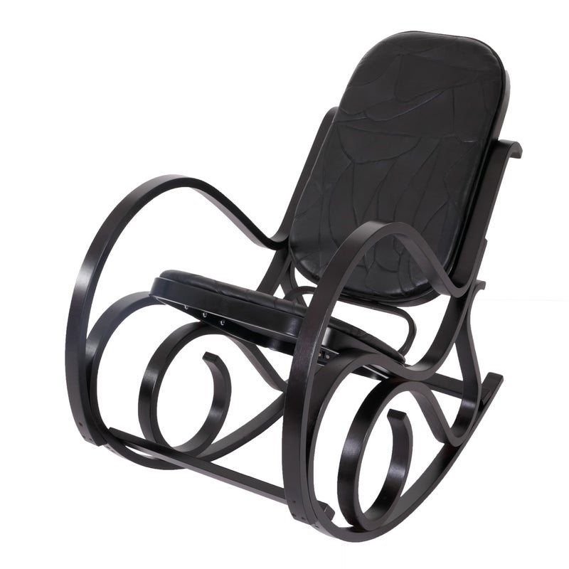 Fotel bujany M41, fotel obrotowy Fotel TV, lite drewno ~ wygląd orzecha, skóra patchwork czarna