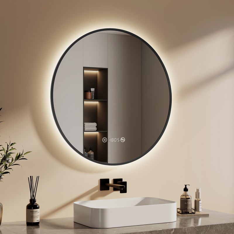 EMKE Okrągłe Lustro łazienkowe z oświetleniem LED 80 cm, z 4300K, możliwość ściemniania, przeciwmgielne, funkcja pamięci, Czarny