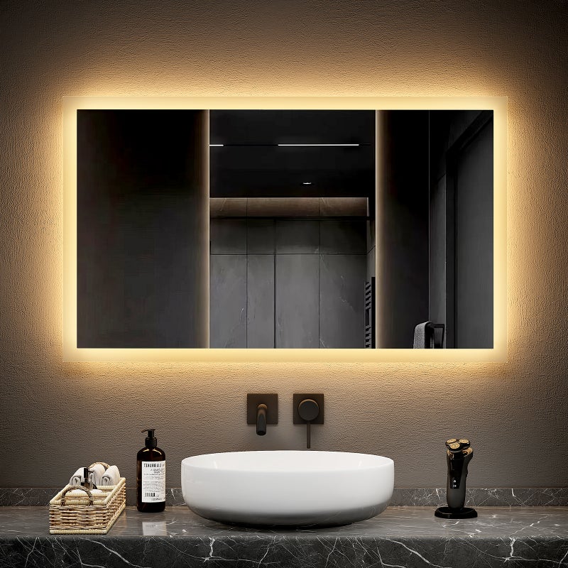EMKE Lustro łazienkowe z oświetleniem LED 100x60cm, z ciepłym białym światłem, IP44, Włącznik ścienny (brak w zestawie)