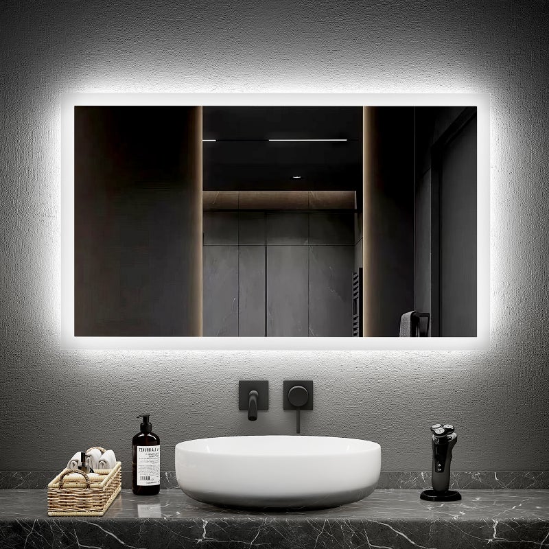 EMKE Lustro łazienkowe z oświetleniem LED 100x60 cm, z Przeciwmgielne, przełącznikiem przyciskowym, Lustro z zimnym/ciepłym białym podświetleniem