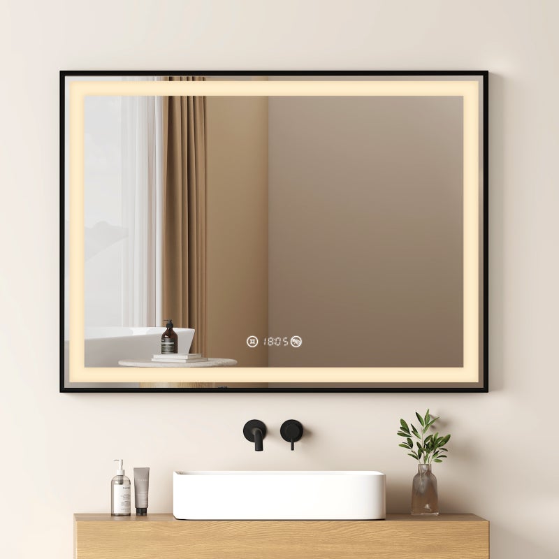 EMKE Lustro łazienkowe z oświetleniem LED 80x60 cm, z 4300K, możliwość ściemniania, przeciwmgielne, zegar, funkcja pamięci, Czarna ramka