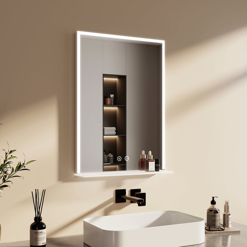 EMKE Lustro łazienkowe z oświetleniem LED 70x50 cm, z 6500K, możliwość ściemniania, przeciwmgielne, funkcja pamięci, ze szklaną półką
