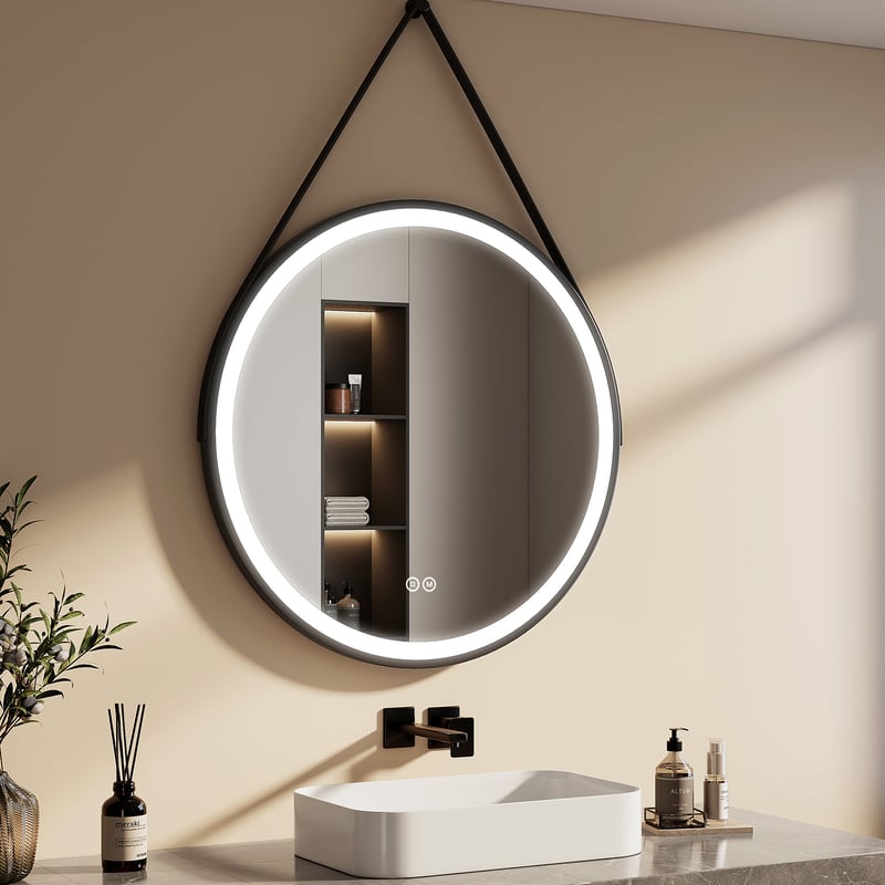 EMKE Okrągłe Lustro z wbudowanym oświetleniem 80 cm, z 3 barwy światła, możliwość ściemniania, funkcja pamięci, regulowany pasek