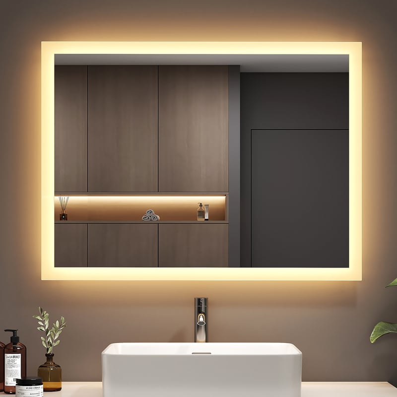 EMKE Lustro łazienkowe z oświetleniem LED 80x60cm, z ciepłym białym światłem, IP44, Włącznik ścienny (brak w zestawie)