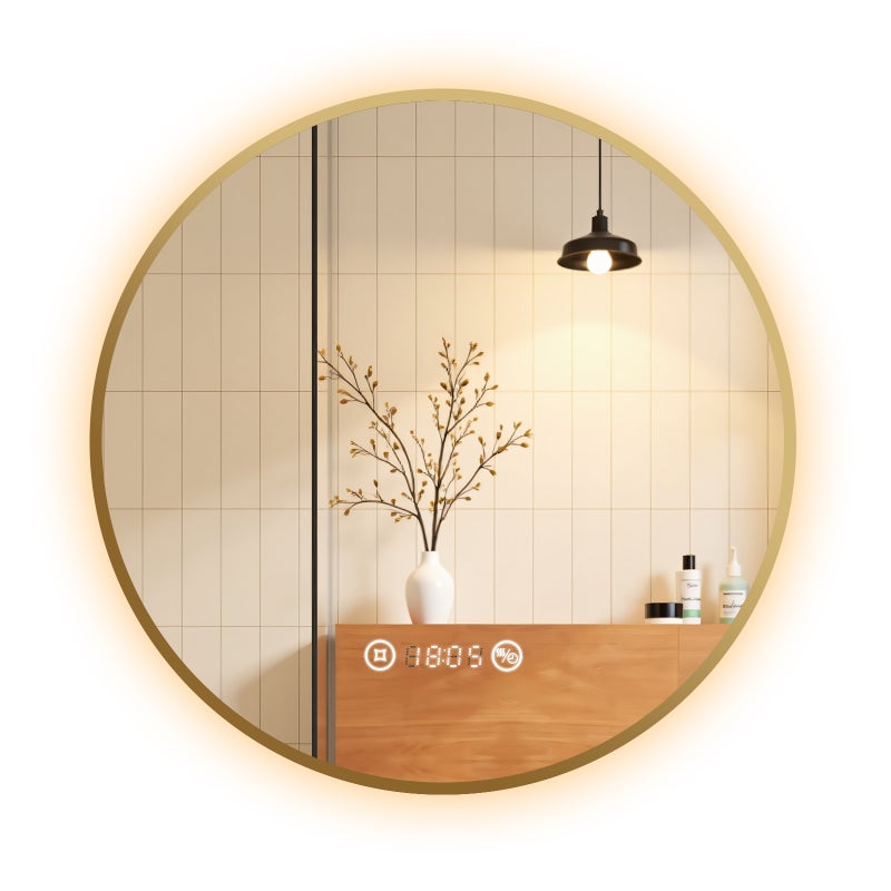 EMKE Okrągłe Lustro łazienkowe z oświetleniem LED 60 cm, z 4300K, możliwość ściemniania, przeciwmgielne, funkcja pamięci, Szczotkowane złoto