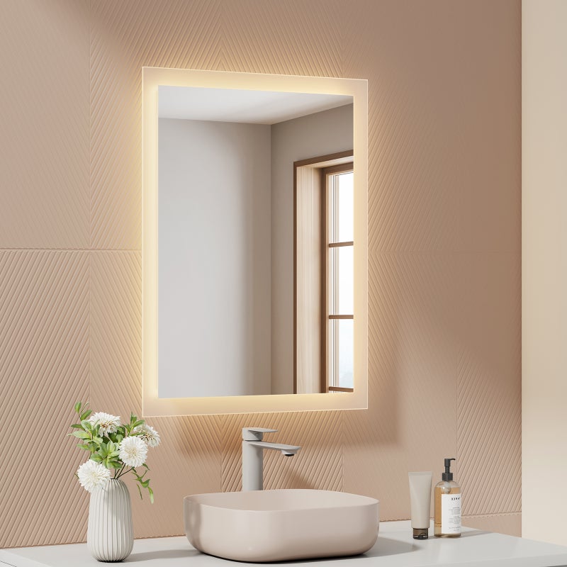 EMKE Lustro łazienkowe z oświetleniem LED 60x45 cm, z Przeciwmgielne, przełącznikiem przyciskowym, Lustro z zimnym/ciepłym białym podświetleniem