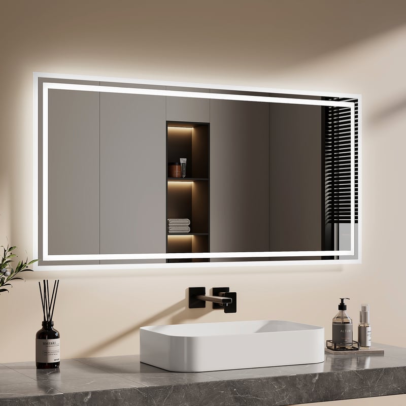 EMKE Lustro łazienkowe z oświetleniem LED 120x60 cm, z 3000/6500K, Przeciwmgielne, funkcja pamięci, przełącznikiem przyciskowym