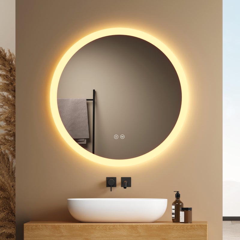 EMKE Okrągłe Lustro łazienkowe z oświetleniem LED 60 cm, z 3 barwy światła, możliwość ściemniania, przeciwmgielne, funkcja pamięci, IP44