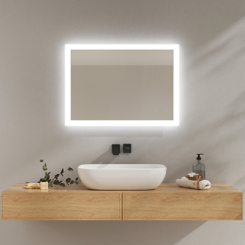 EMKE Lustro łazienkowe z oświetleniem LED 70x50 cm, z Przeciwmgielne, przełącznikiem przyciskowym, Lustro z zimnym/ciepłym białym podświetleniem