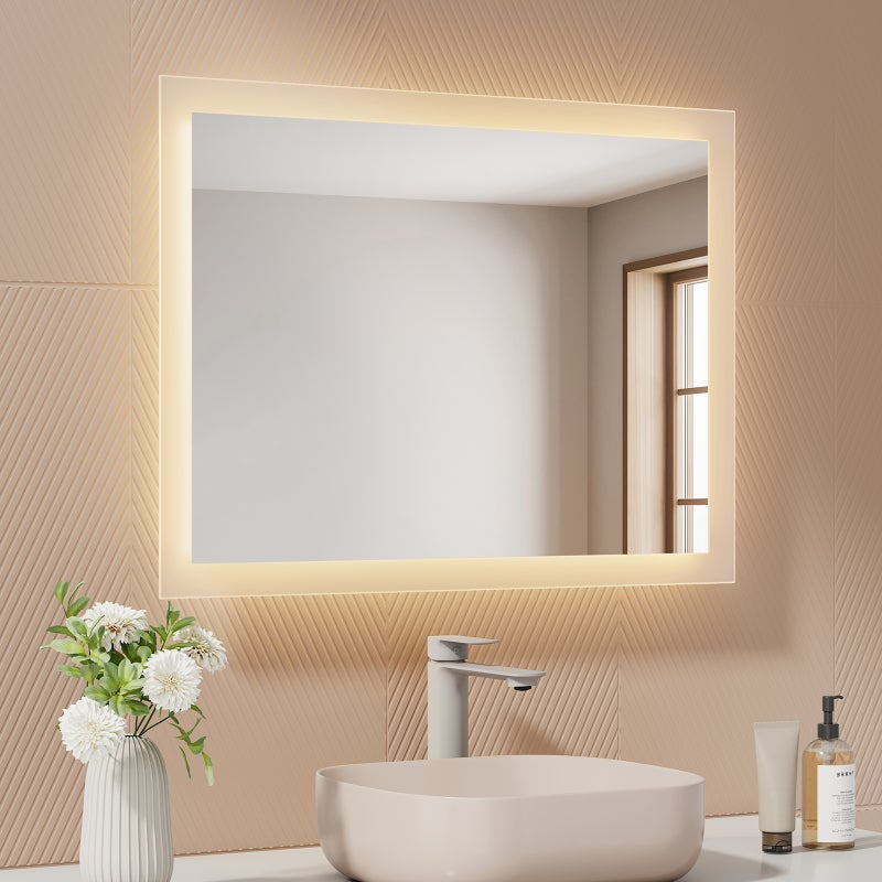 EMKE Lustro łazienkowe z oświetleniem LED 45x60 cm, z Przeciwmgielne, przełącznikiem przyciskowym, Lustro z zimnym/ciepłym białym podświetleniem